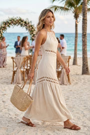 Waitlist 8/5 • Maxine Sleeveless Sun Kissed Cutwork Lace Maxi Dress Natural