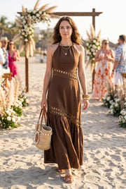 Maxine Sleeveless Sun Kissed Cutwork Lace Maxi Dress Brown