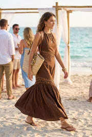 Maxine Sleeveless Sun Kissed Cutwork Lace Maxi Dress Brown