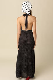 Arden Sleeveless Halter Vintage Micro Polka Dot Print Maxi Dress Black