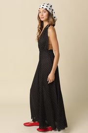Arden Sleeveless Halter Vintage Micro Polka Dot Print Maxi Dress Black