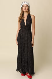 Arden Sleeveless Halter Vintage Micro Polka Dot Print Maxi Dress Black