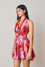 Jessa Sleeveless Halter Soft Summer Floral Print Mini Dress Pink