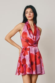 Jessa Sleeveless Halter Soft Summer Floral Print Mini Dress Pink