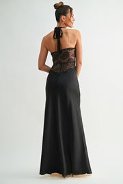 Waitlist 8/25 • Kristi Sleeveless Halter Lace And Satin Maxi Dress Black