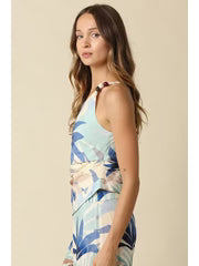 Aveline Sleeveless One Shoulder Tropical Print Top Blue