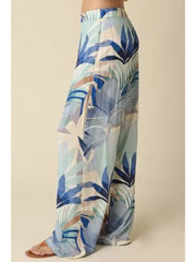 Aven High Waist Tropical Print Wide Leg Pants Blue