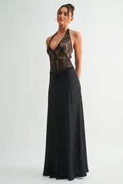 Waitlist 8/25 • Kristi Sleeveless Halter Lace And Satin Maxi Dress Black