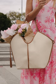 Quinley Faux Leather Trim Canvas Tote Bag Beige Cream Brown