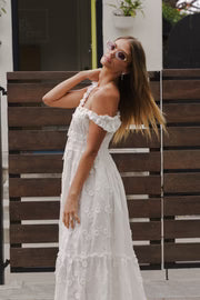 Natalia Flutter Sleeve 3D Floral Maxi Dress White