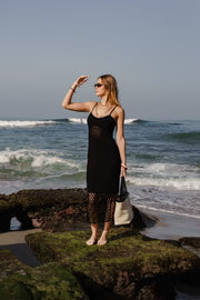 Brittany Sleeveless Crochet Knit Maxi Dress Black