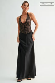 Waitlist 8/25 • Kristi Sleeveless Halter Lace And Satin Maxi Dress Black