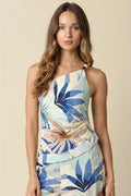 Aveline Sleeveless One Shoulder Tropical Print Top Blue