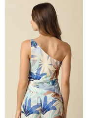Aveline Sleeveless One Shoulder Tropical Print Top Blue